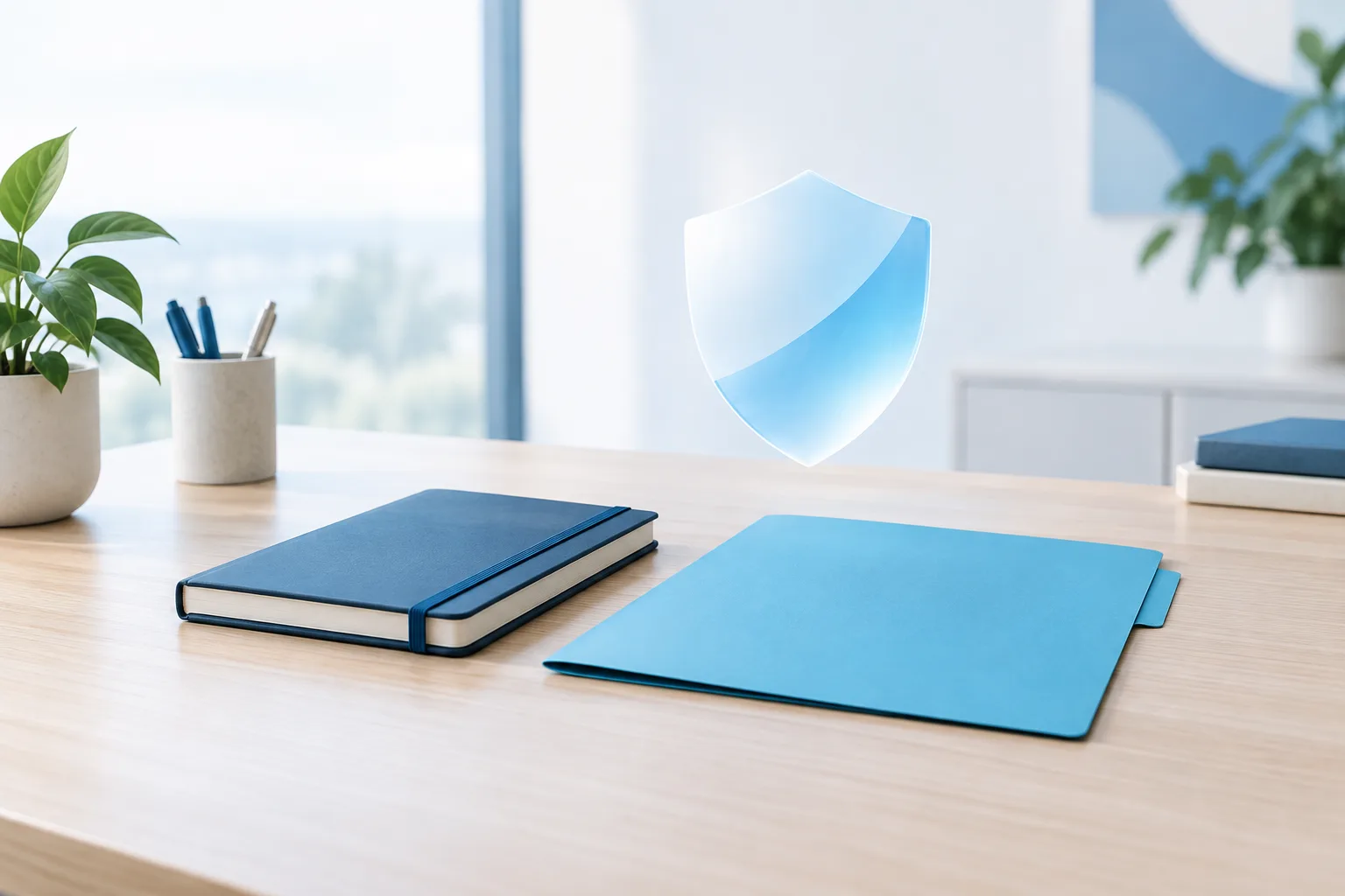 A closed folder and notebook arranged on a calm office desk