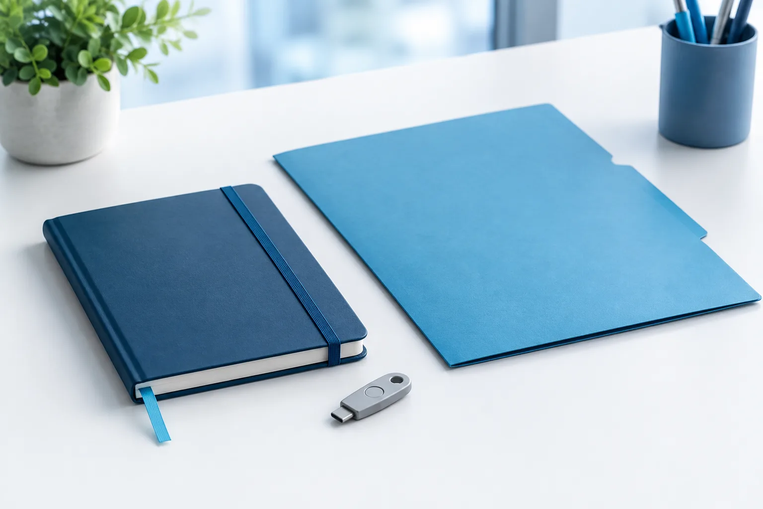 A closed notebook and plain folder on a tidy office desk.